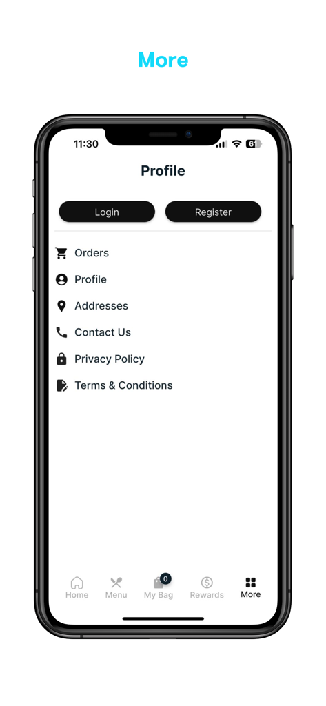 Écran de profil de l'application mobile Cheese and Pasta Co sur un iPhone montrant les options de connexion et de compte