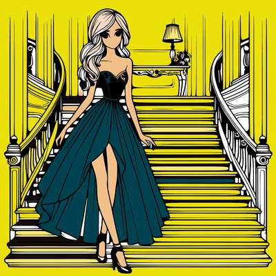 realistic style,girl,wearing fancy dress,tall,slim,walking down a fancy staircase