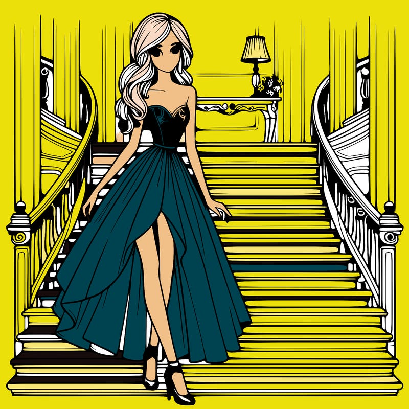 realistic style,girl,wearing fancy dress,tall,slim,walking down a fancy staircase
