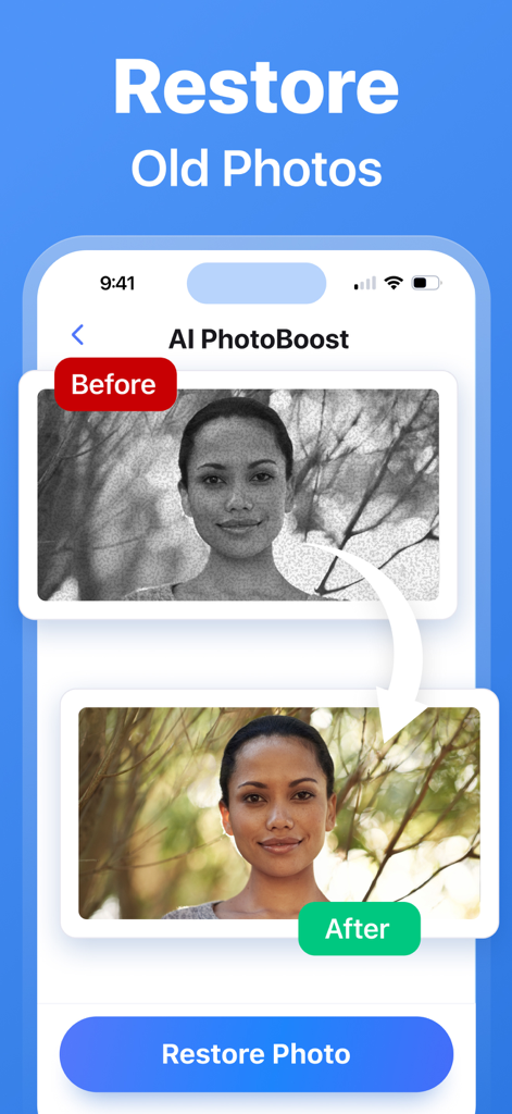 Cleanup Storage Pro - Función AI PhotoBoost en Cleanup Storage Pro mostrando una comparación antes y después de una foto antigua restaurada