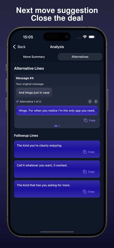 Ranked Rizz - Interface do aplicativo Ranked Rizz mostrando mensagens de namoro alternativas geradas por IA e linhas de acompanhamento para análise de conversas