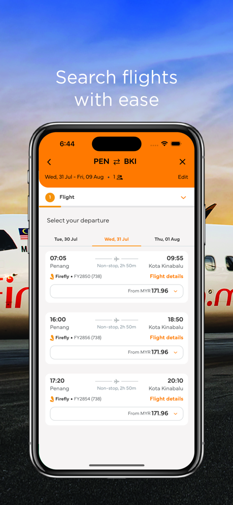 Firefly Airlines - Firefly Airlines mobile app flight search results for Penang to Kota Kinabalu