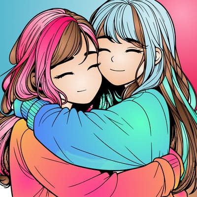 realistic two girls hugging
