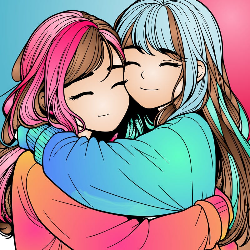 realistic two girls hugging