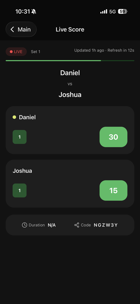TennisLiveScore - Mobile app interface for tracking live tennis match scores with large buttons for points and games