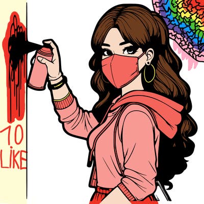 realistic girl with mask spray painting a wall