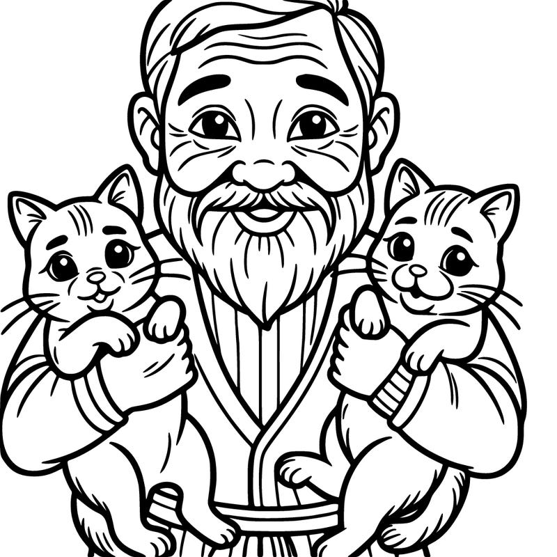 an old man holding his two cats