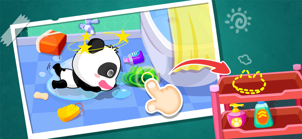 Baby Panda Safety at Home - Baby panda character slips on a wet bathroom floor with stars above its head to teach home safety