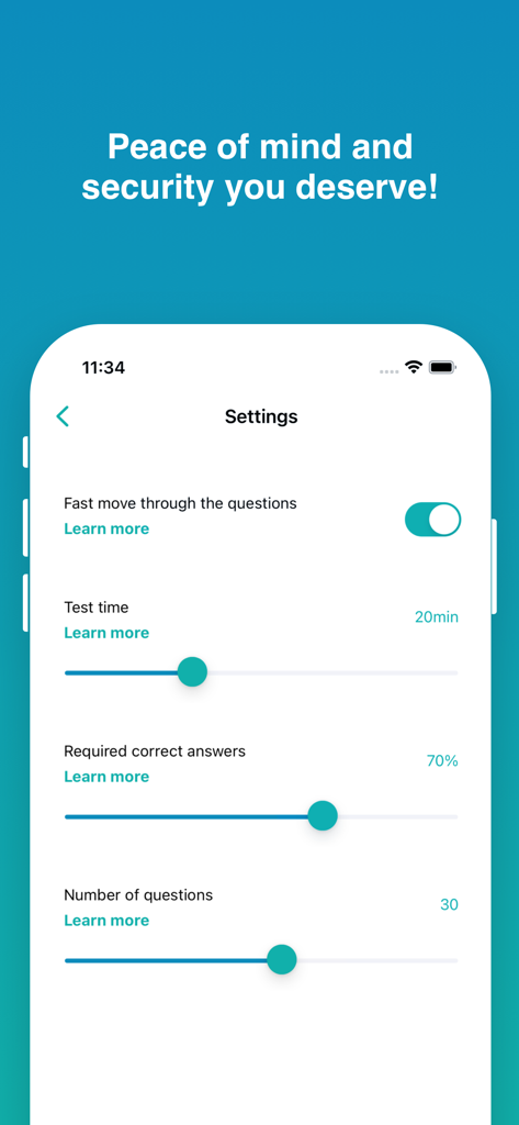 Settings screen to customize nursing exam practice sessions including test time and question count