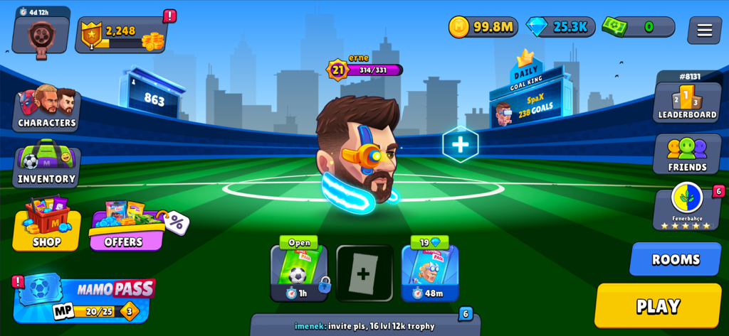 MamoBall - Soccer Game - Main menu interface of MamoBall soccer game showing a customized character on a football pitch with navigation buttons for play shop and rankings