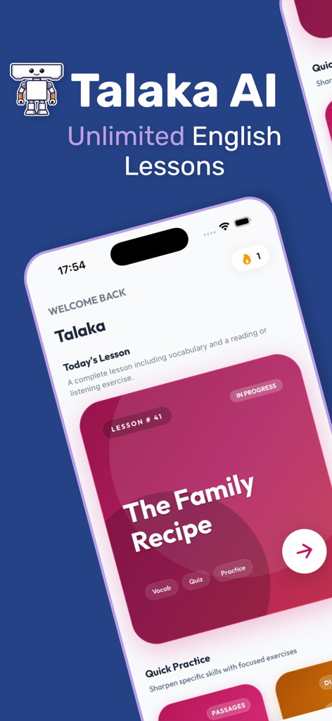 The home screen of Talaka AI English learning app showing a personalized lesson called The Family Recipe.