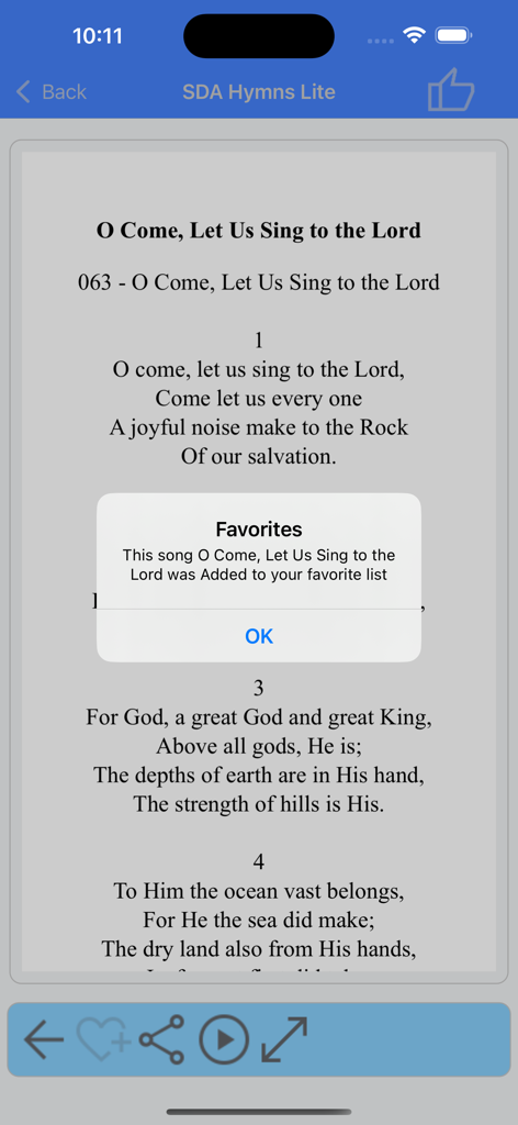 SDA Hymns Lite - SDA Hymns Lite app showing hymn lyrics and a confirmation message for adding a song to the favorites list
