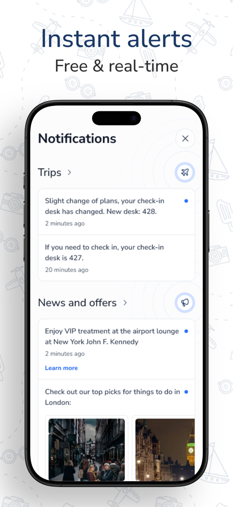 CheckMyTrip app notifications screen with real time flight alerts and travel offers