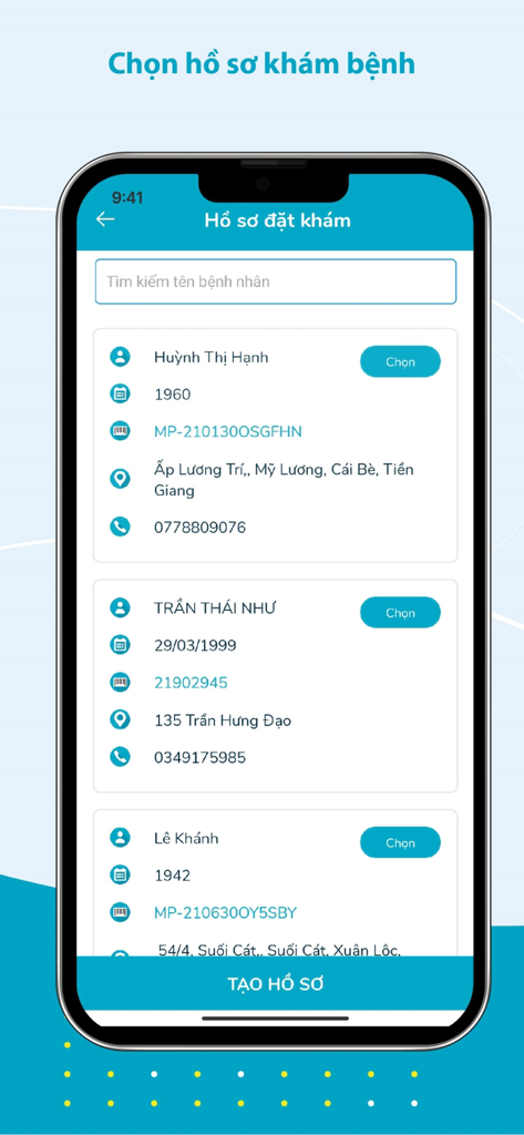 BV Da Liễu Tp.HCM- ĐKKB Online - User interface of the BV Da Lieu Tp.HCM app displaying a list of patient profiles to select for booking.
