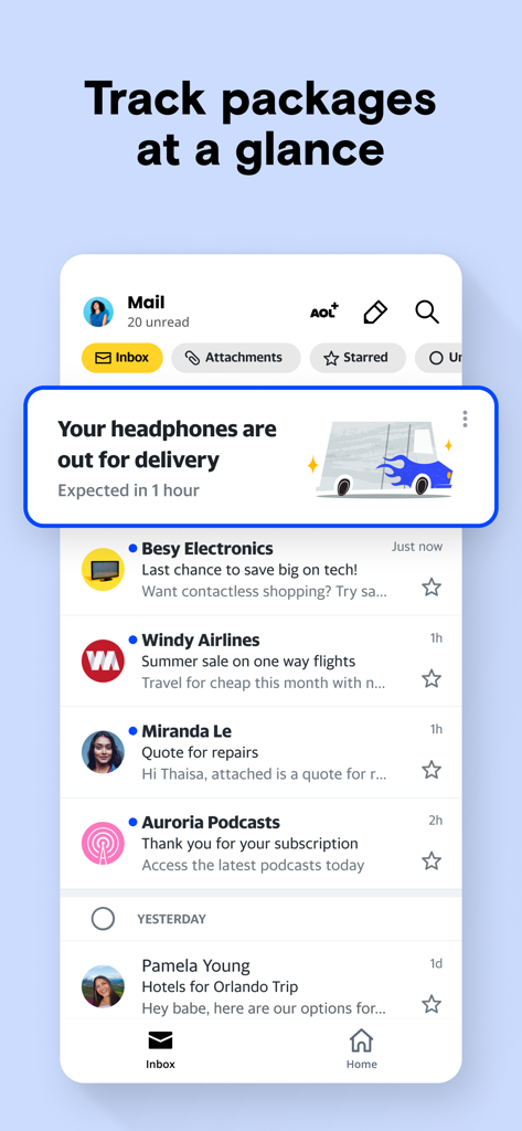 AOL Mail, News, Weather - A screenshot of the AOL Mail app displaying a package tracking notification that headphones are out for delivery.