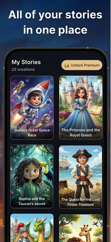 Fable: The AI Story Generator - Library screen of the Fable app showing a collection of personalized AI generated storybooks for kids