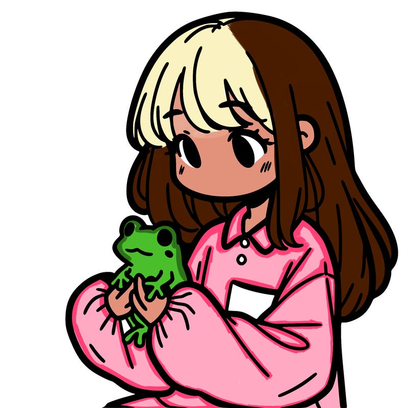 girl with long hair and a oversized shirt. and she is holding a frog