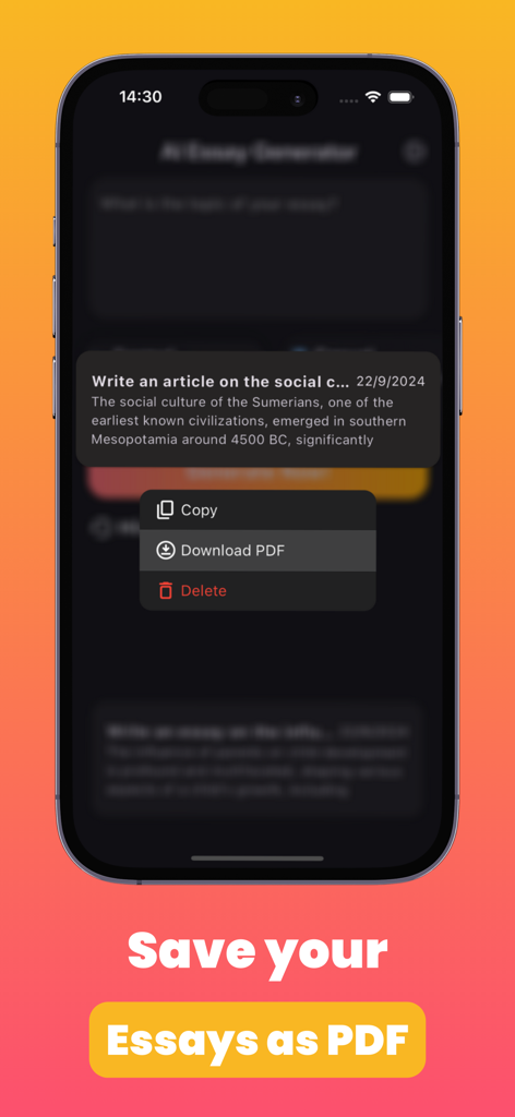 Interface do aplicativo móvel AI Paragraph Writer mostrando um menu para baixar um ensaio gerado como PDF.