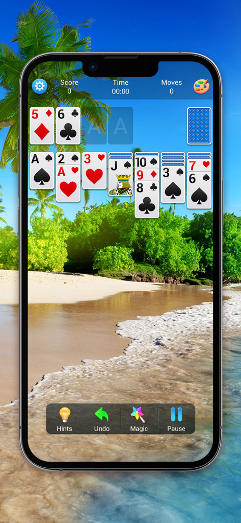 Solitaire, Klondike Card Games - Classic Klondike solitaire card game gameplay on a smartphone with a relaxing tropical beach background