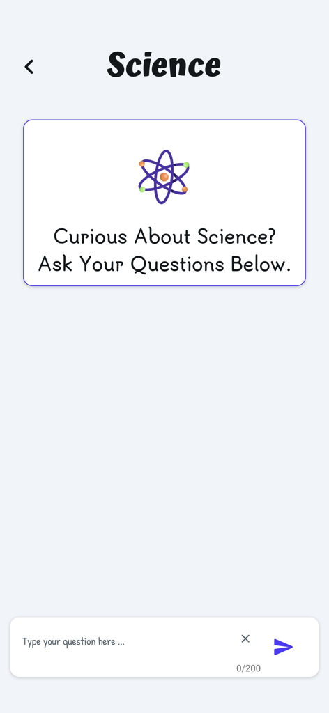 Interface do aplicativo StudySmart AI para fazer perguntas sobre o dever de casa de ciências.