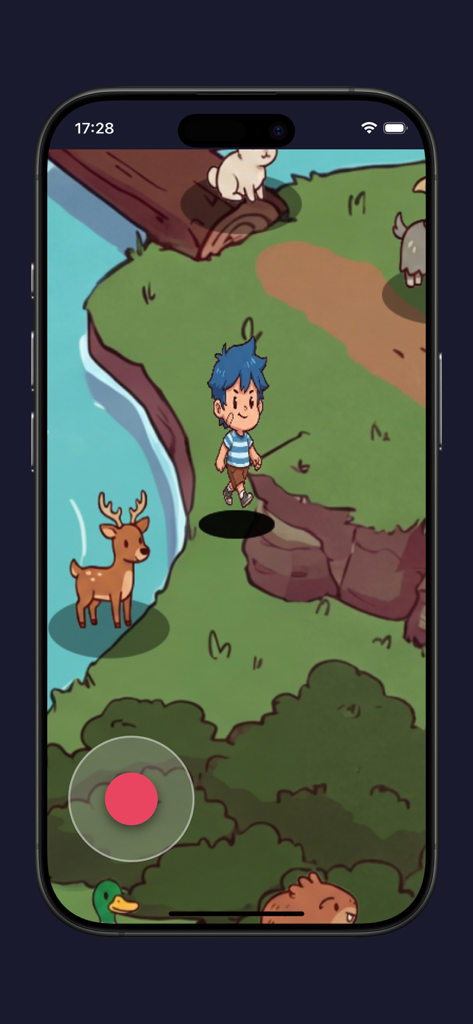 A child character exploring a hand-painted forest with animals like a deer and duck in the My Voice Zoo app.