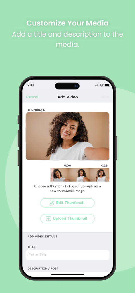 THREE International - Una schermata nell'app Three International per aggiungere e personalizzare video di marketing con titoli e miniature.