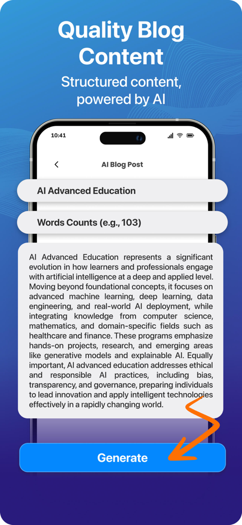 TurniTin app screen showing AI generated blog post about advanced education