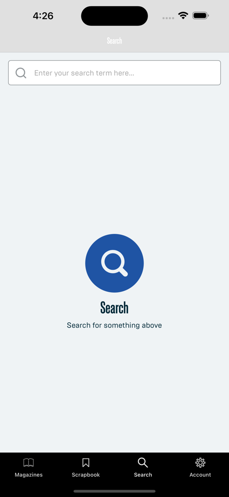 Search screen of the WIRED Magazine UK app featuring a search bar and bottom navigation menu