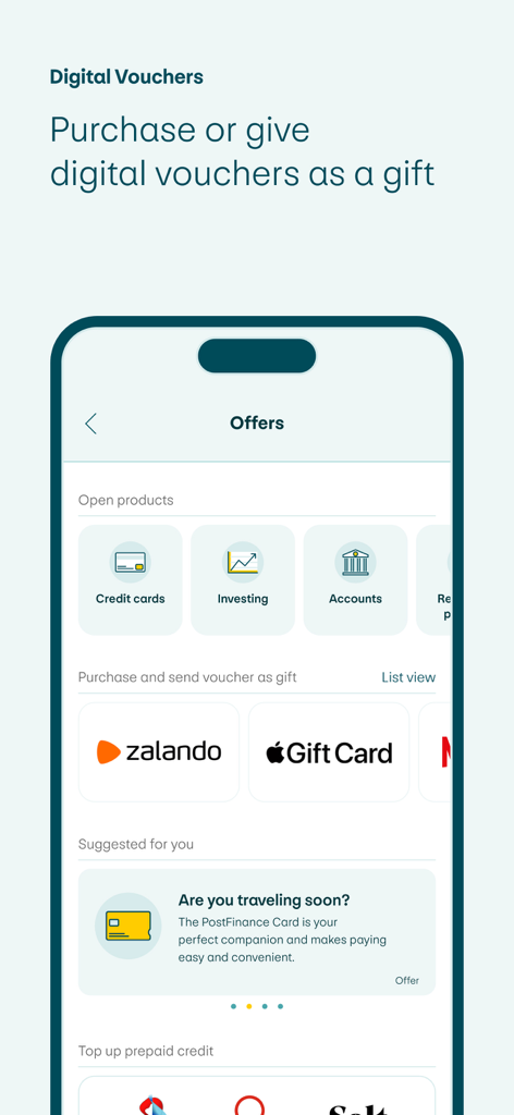 PostFinance App screen for purchasing digital vouchers and gift cards like Zalando and Apple Gift Card