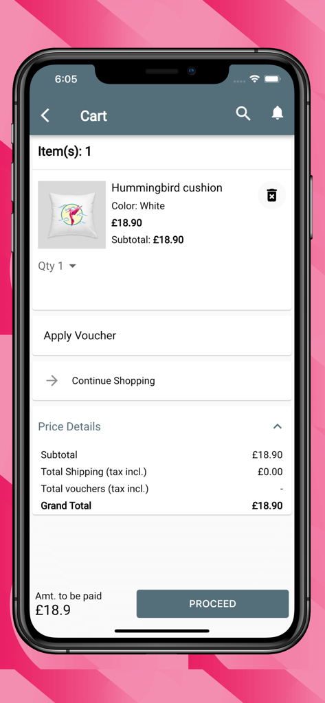 PrestaShop Mobile App - Tela do carrinho de compras do aplicativo móvel PrestaShop exibindo detalhes do produto e preço total