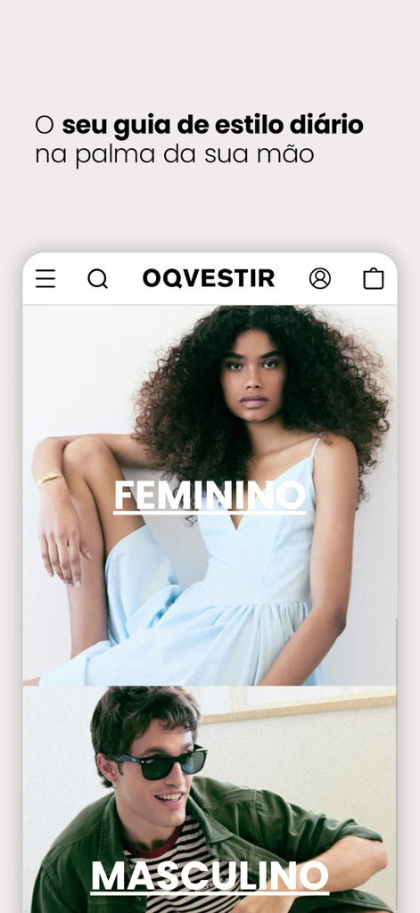 OQVestir - Tela inicial do aplicativo de compras OQVestir apresentando seções de moda feminina e masculina