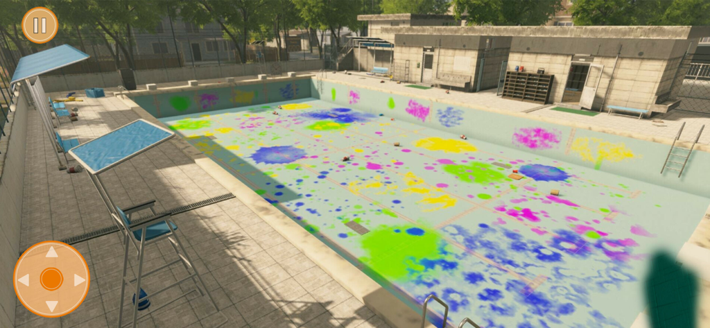 Una piscina sucia con manchas de pintura coloridas en el juego Pool Cleaning Sim