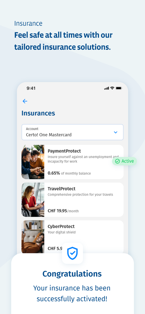 Pantalla de la App Cembra mostrando opciones de seguro como PaymentProtect y una notificación de éxito para la activación