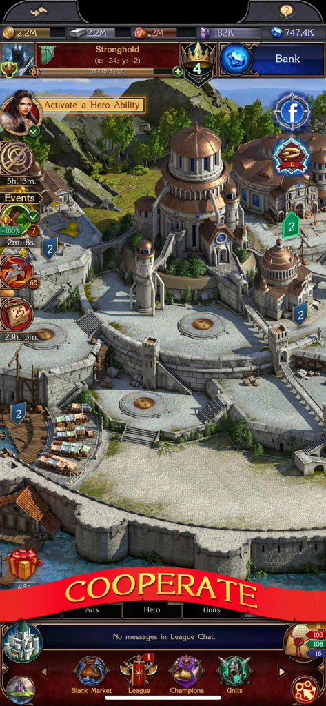 Eine Draufsicht auf eine Fantasy-Festungsstadt mit verschiedenen Gebäuden und Steinmauern in Stormfall Rise of Balur