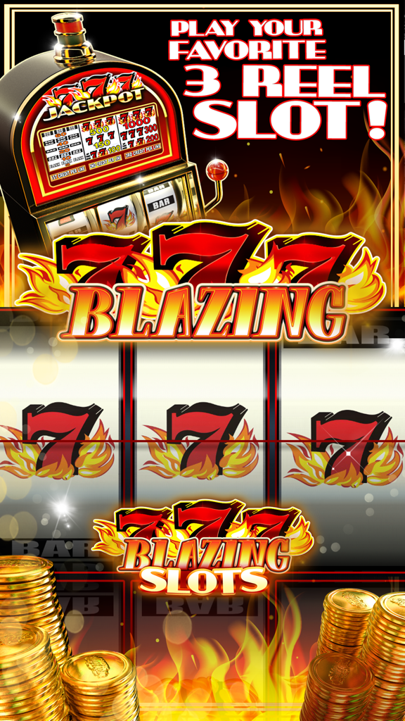 Classic 3 reel slot machine with flaming seven symbols and stacks of gold coins
