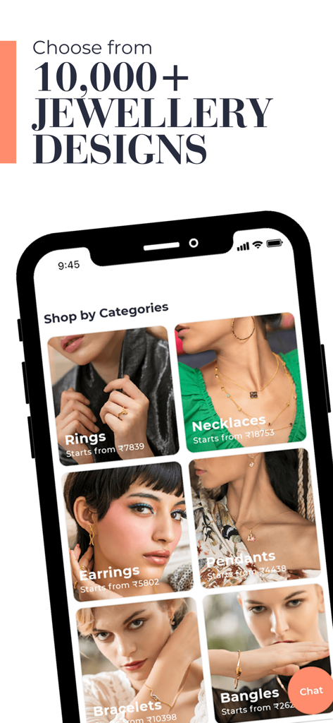 Interfaz de la aplicación móvil Melorra mostrando categorías de joyería como anillos, collares y pendientes.