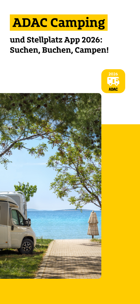 Pantalla de la app ADAC Camping y Stellplatz 2026 mostrando una autocaravana aparcada junto a una hermosa playa