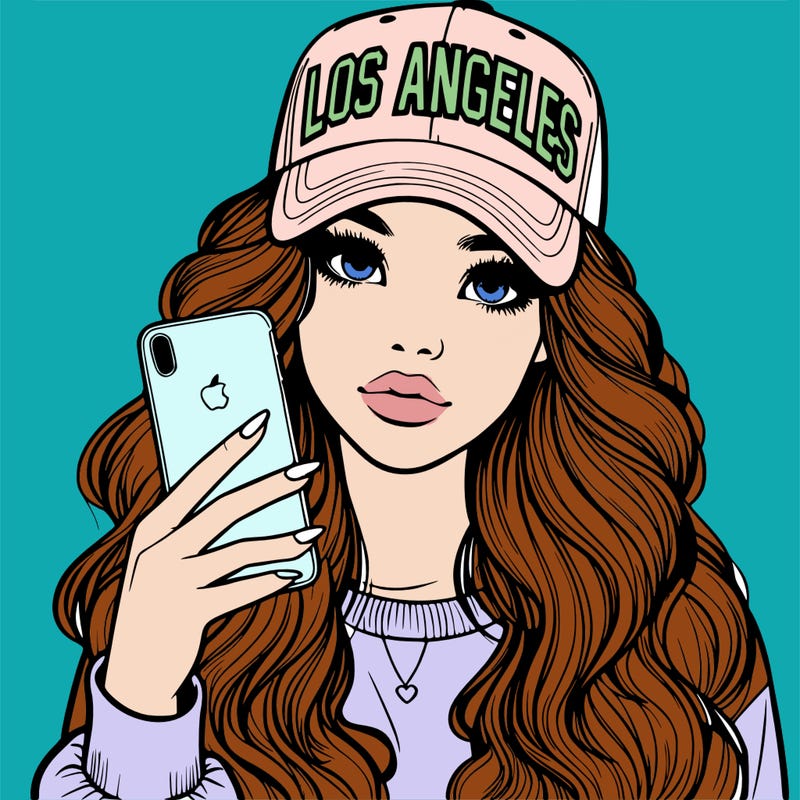 realistic beautiful girl wearing los ángeles cap holding an iphone