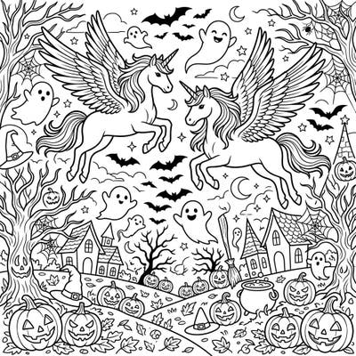 Unleash your creativity with this enchanting coloring page featuring two magnificent winged unicorns soaring through a whimsical Halloween landscape. Discover friendly ghosts, glowing jack-o'-lanterns, and spooky trees, perfect for a magical coloring adventure.