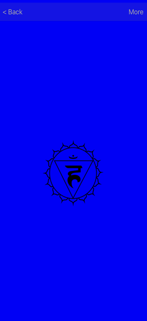 Schermata di meditazione del chakra della gola con sfondo blu scuro e simbolo centrale del chakra nero.