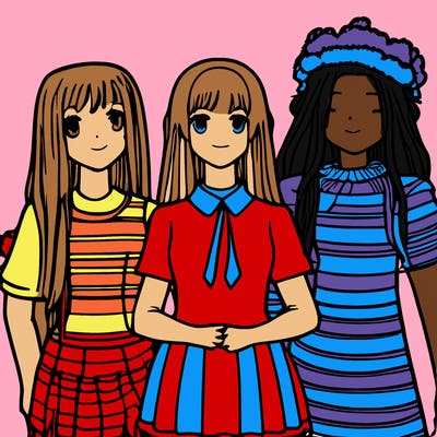 girl wearing dress with friends manga charector