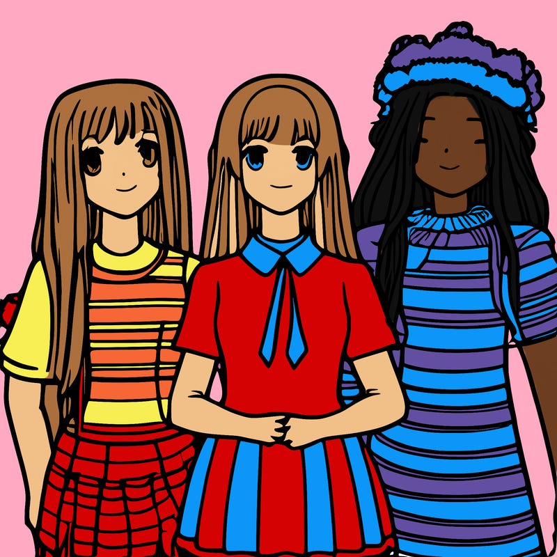 girl wearing dress with friends manga charector