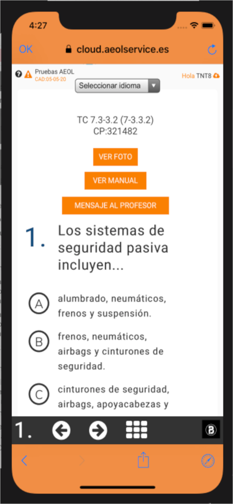 Pantalla móvil de la aplicación AeolCloud mostrando una pregunta de test teórico de conducir en español y respuestas de opción múltiple.