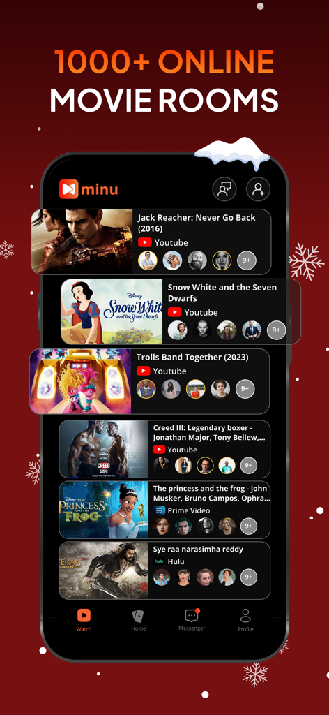 Minu app interface showing a list of over 1000 online movie rooms for group watching on YouTube, Prime Video, and Hulu.