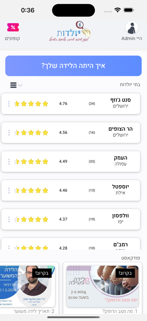 יולדות - Maternity hospital comparison screen showing star ratings and review scores for various birth centers