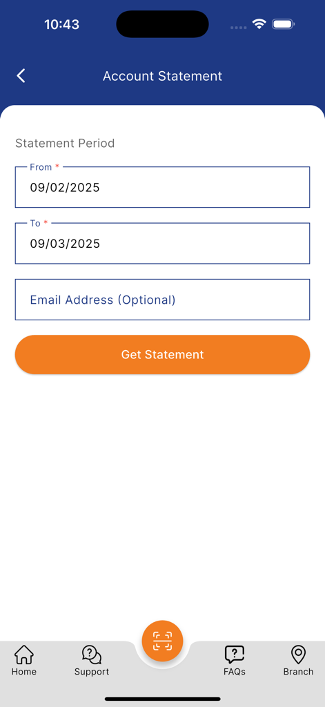 Idman Wallet - Écran de l'application Idman Wallet pour demander un relevé de compte bancaire avec sélection de la plage de dates.