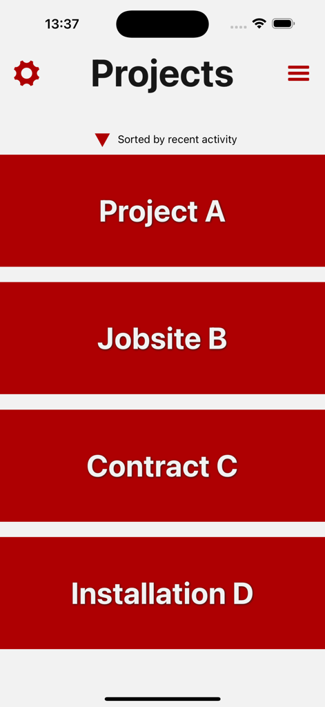 Tímavera - Bildschirm zur Projektauswahl in der Timavera App, der eine Liste von Arbeitsstellen für die Zeiterfassung anzeigt