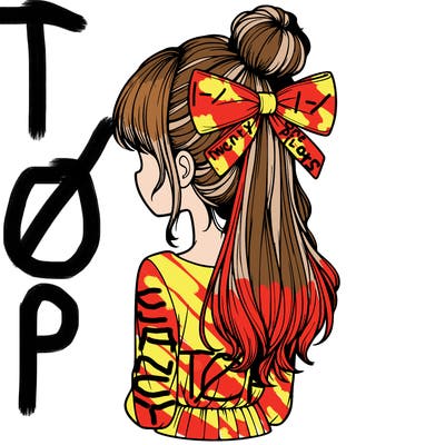 realistic girl  with hip length hair a bun and a big bow on the back of head