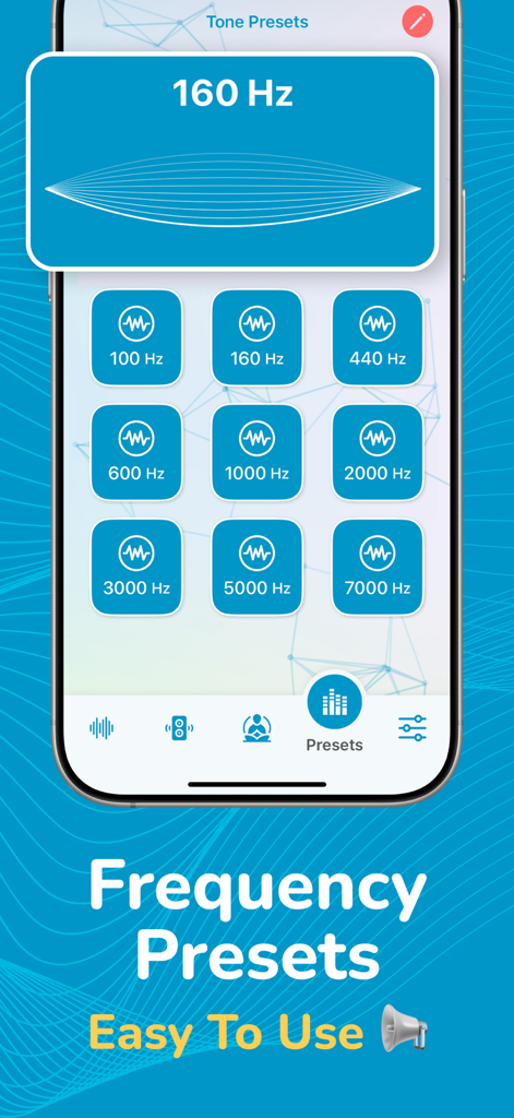 Interface of the Hz Frequency Generator Tone app showing a grid of frequency presets for audio testing.