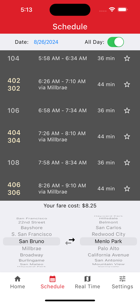 Caltrain Commuter - Caltrain Commuter app schedule interface showing train times from San Bruno to Menlo Park with trip duration and fare cost.